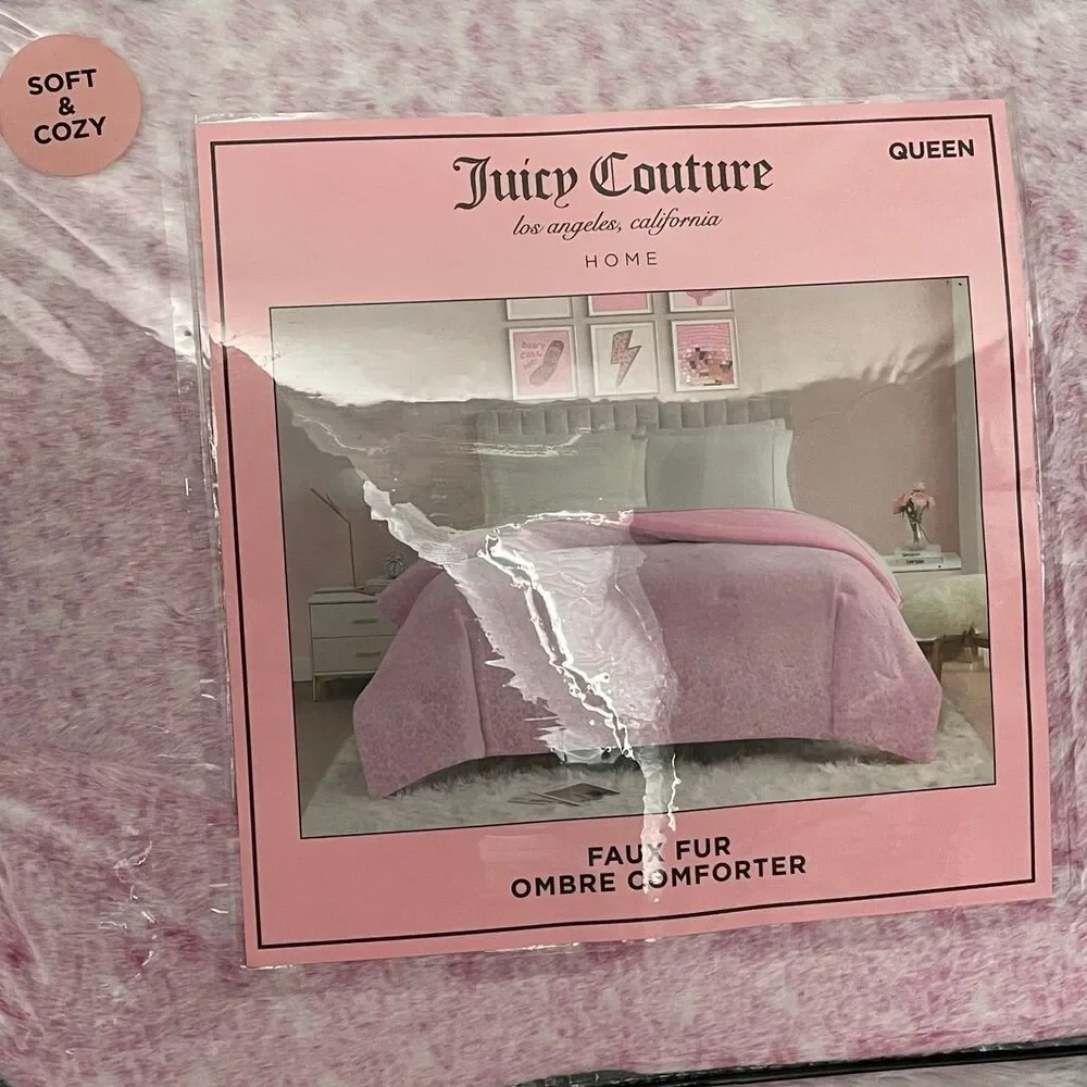 Juicy Couture Pink Leopard Cheetah Animal Print Faux Fur Queen Size Comforter